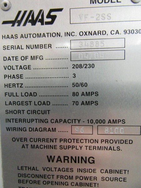 Haas VF-2SS CNC Vertical Machining Center with 4th &amp; 5th Axis Brushless Drives, 12,000 RPM Spindle, Probing