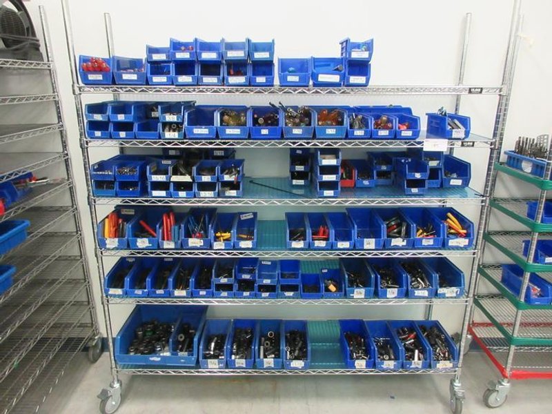 Hand Tools, Large Assortment including Sockets, Driver Head, T-Handle Allen Wrenches and MORE on Uline 6-Shelf 72" x 18" x 78" Metal Wire Rolling Cart- Auction Item