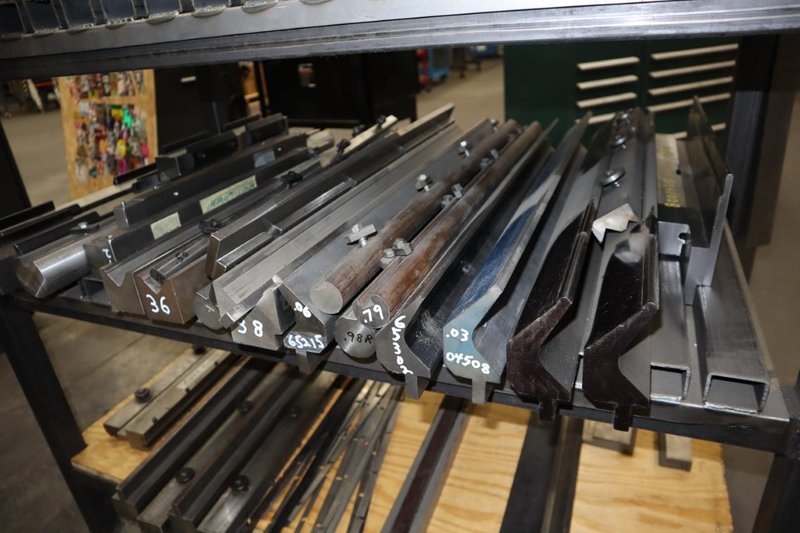 Amada Press Brake Dies, Ram Clamps and Lower Die Holders on Steel Rack- Auction Item