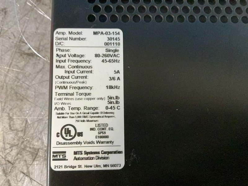 MTS SYSTEMS CORPORATION 5 AMPS SERVO AMPLIFIER  -  MPA-03-154