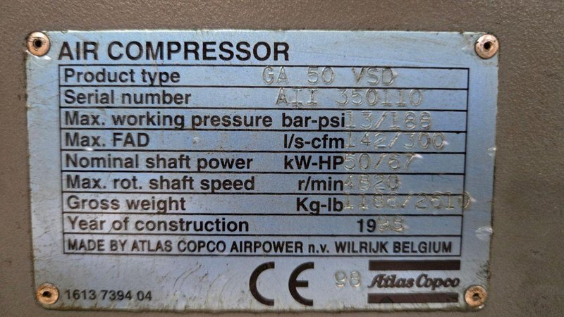 ATLAS COPCO GA 50 VSD 50 kW / 67 HP Rotary Screw Compressor USED