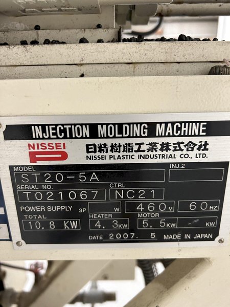 Nissei Used ST20-5A Vertical Injection Molding Machine, 20 Ton, 460V, 35 ccm.