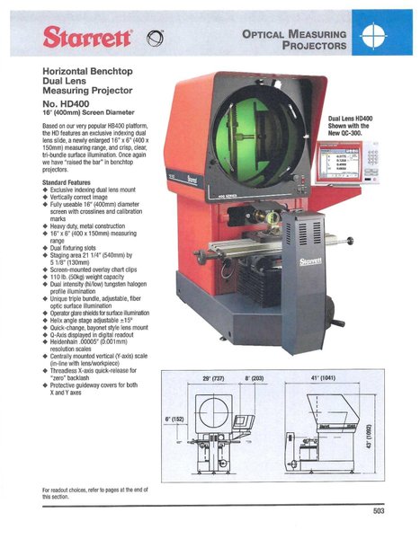 16" STARRETT Model HD400 Bench Top Optical Comparator, S/N 20573.