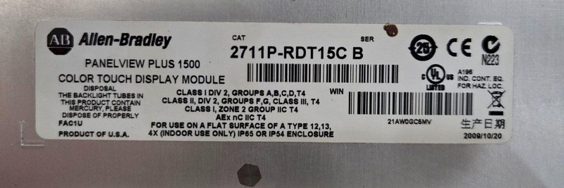 ALLEN BRADLEY 2711P-T15C4D2 SER A PANELVIEW PLUS 1500 SER B USED