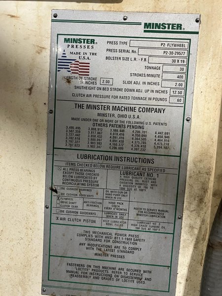 30-ton Minster P2-30-30 "Piece-Maker" Straight Side High Speed Mechanical Metal Stamping Press For Sale, New 1999