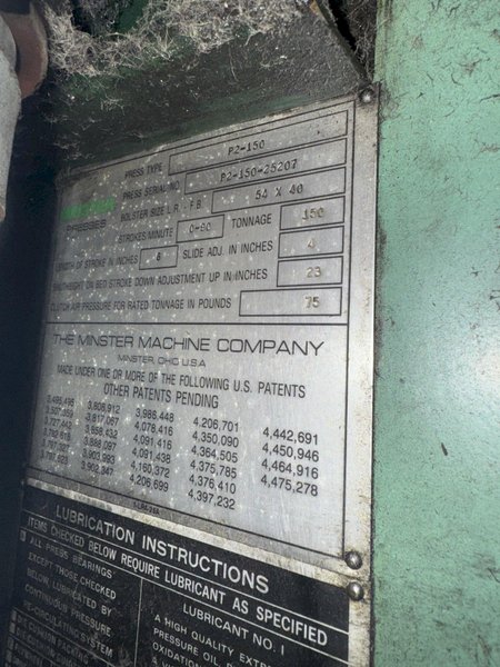 150 TON MINSTER P2-150-54 PIECE MAKER STRAIGHT SIDE HIGH SPEED PRESS WITH MINSTER FEEDLINE. STOCK # 0431226