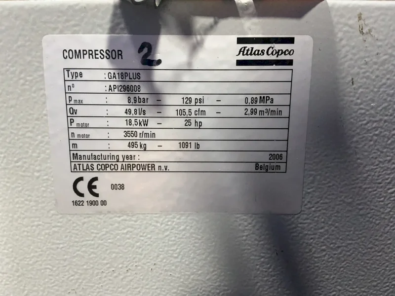 ATLAS COPCO 25 HP AIR COMPRESSOR  -  GA18PLUS