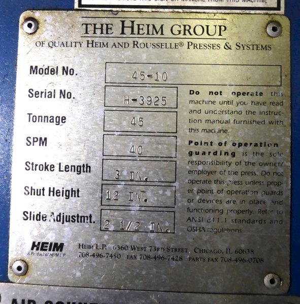 45 Ton Heim Mechanical Press Brake, 14" x 126" Flanged Bed, 3" Stroke, 12" SH, A.C., 1999