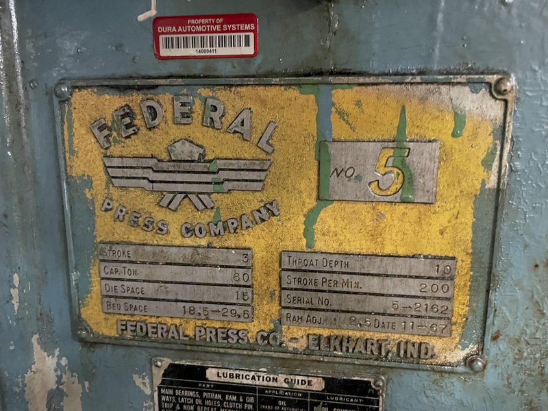 60 TON FEDERAL MODEL #5 OBI PRESS, 3&quot; STROKE: STOCK #15352