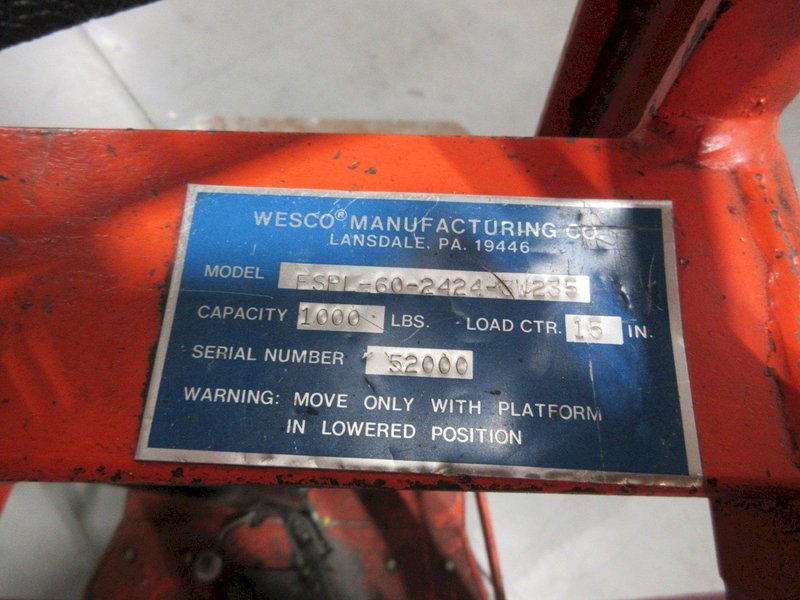 Wesco ESPL-60-2424-3W235 60" Die Cart, 1000lbs Capacity, 15" Load Center, 24" x 24" Platform- Auction Item