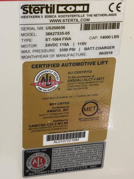 (4) 14,000 LBS STERTIL-KONI ST-1064FWA MODEL #38627535-05  ELECTRIC BATTERY WIRELESS HEAVY DUTY MOBILE COLUMN VEHICLE LIFTS 2019: STOCK #23595