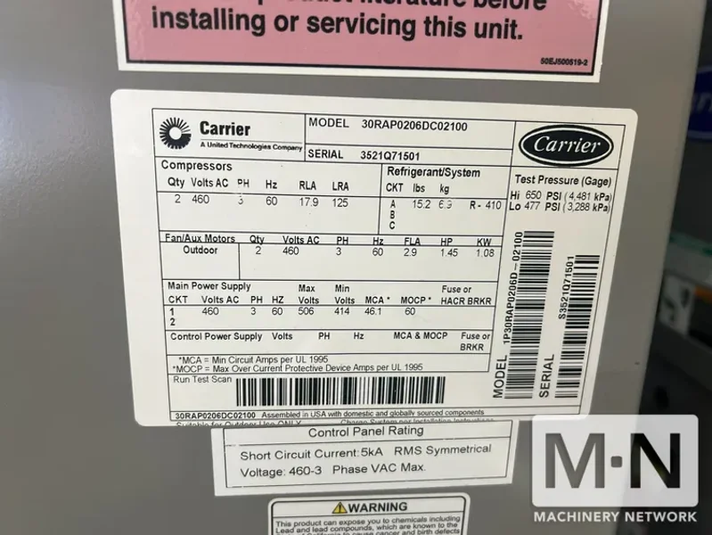 20 TON AIR COOLED CHILLER MODEL 30RAP0206DC05F00 MFG IN 2021 AND NEVER USED  (2) AVAILABLE