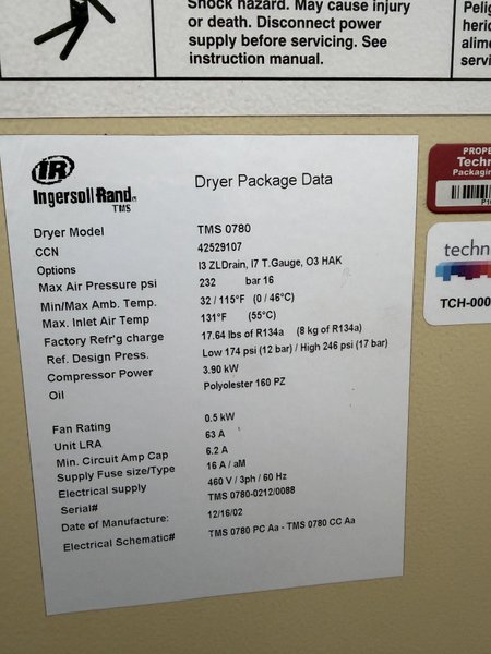 500 CFM INGERSOLL RAND TMS- 078 AIR DRYER. STOCK # 0887425