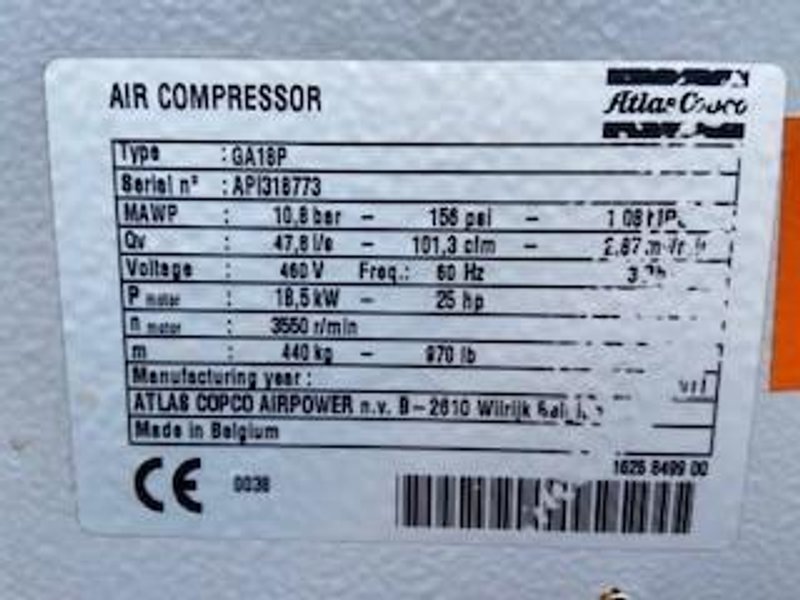ATLAS COPCO 25 HP Rotary Screw Air Compressor, Model GA18P