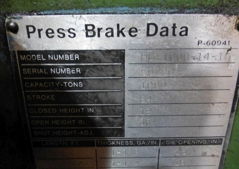 1000 TON X 18' NIAGARA HD1000 14-18 HYDRAULIC PRESS BRAKE. STOCK # 2000520