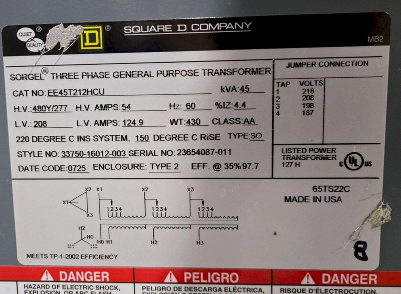 SQUARE D EE45T212HCU 45KVA 480Y/277 – 208V TRANSFORMER USED