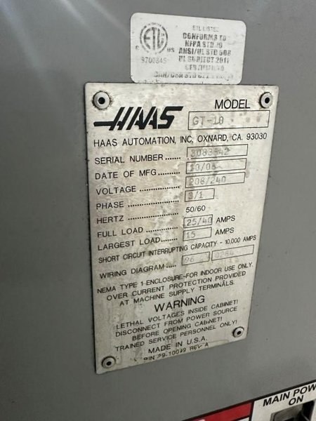 Haas GT-10 Turning Center with 8 Position Bolt-On Turret.