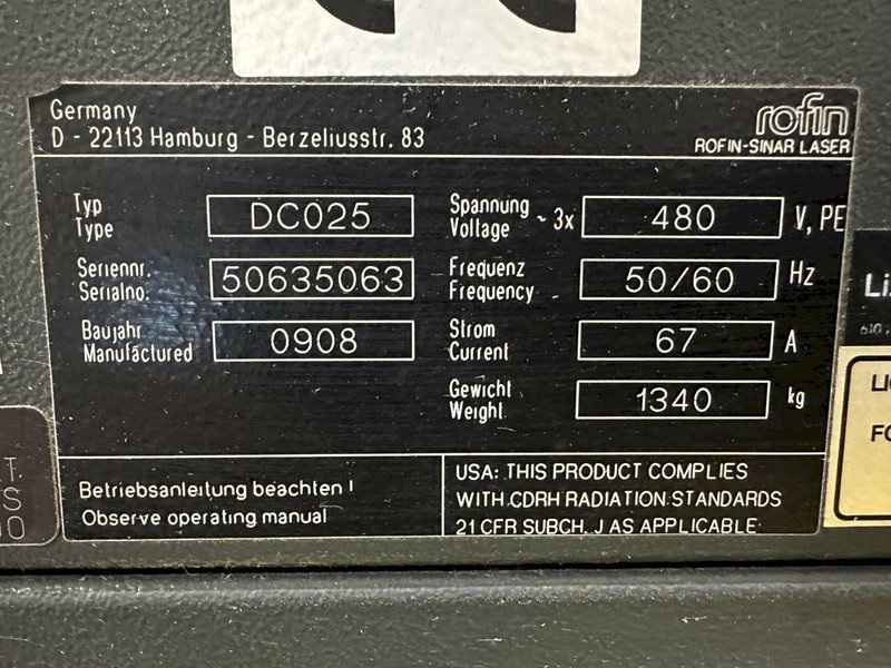 2500 WATT ROFIN LASER MODEL #DC025 POWER PROCESSING UNIT: STOCK #19758