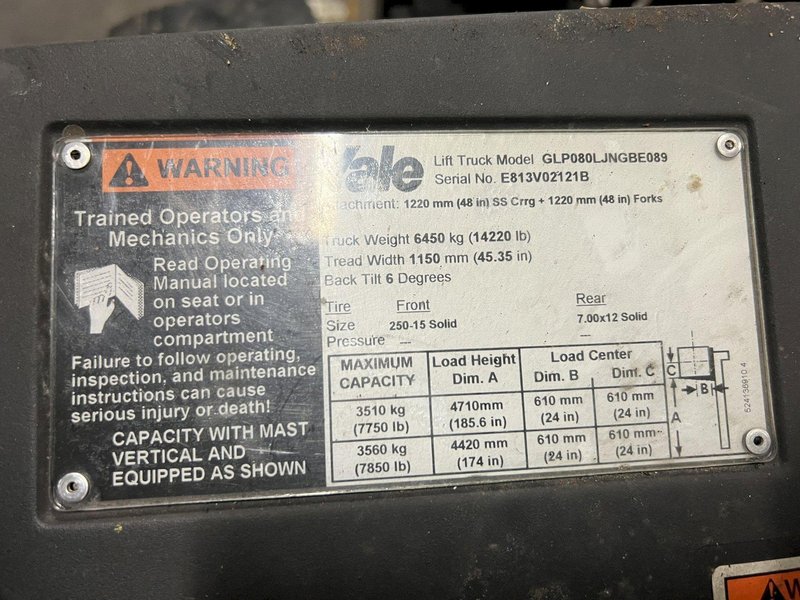 7750 LBS YALE MODEL #GLP080 LP-GAS FORKLIFT: STOCK # 3446