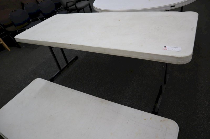 Lifetime White Plastic Top Folding Tables, (3) Rectangle 72" x 30" x 29", (1) Round 60" x 29"- Auction Item
