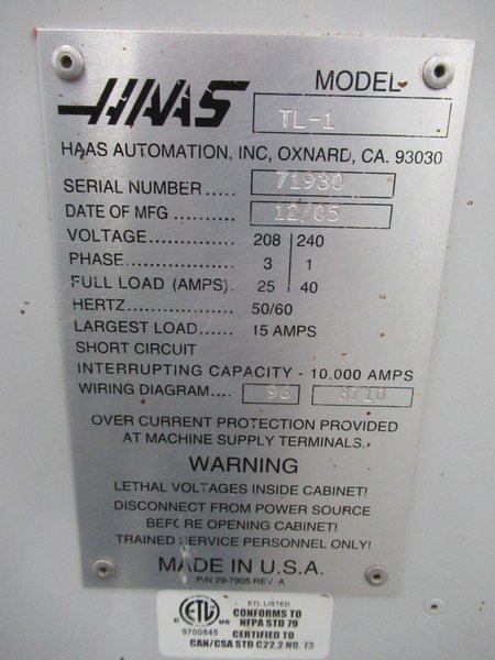 Haas TL-1 CNC Toolroom Lathe with Tailstock, 3 Jaw Chuck, Coolant, Tool Post, 5C Closer