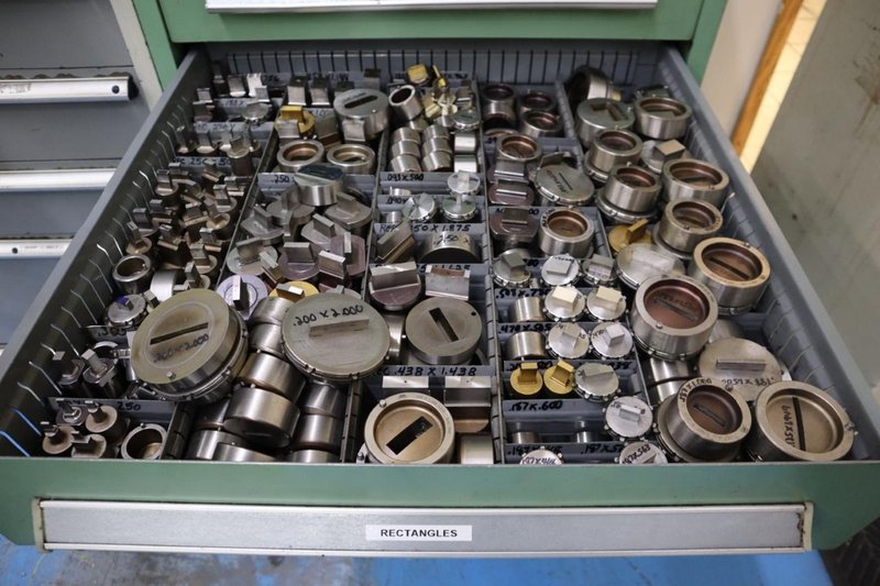 114 Style Turret Punch Tooling in Stanley Vidmar 9 Drawer cabinet- Auction Item