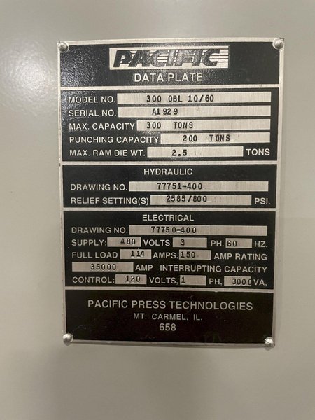 300 TON PACIFIC MODEL #300-OBL-10/60 STRAIGHT SIDE HYDRAULIC PRESS, 12" STROKE: STOCK #16352