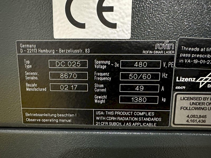 2500 WATT ROFIN LASER (NEW IN 2017) MODEL #DC025 POWER SUPPLY PROCESSING UNIT: STOCK #19760