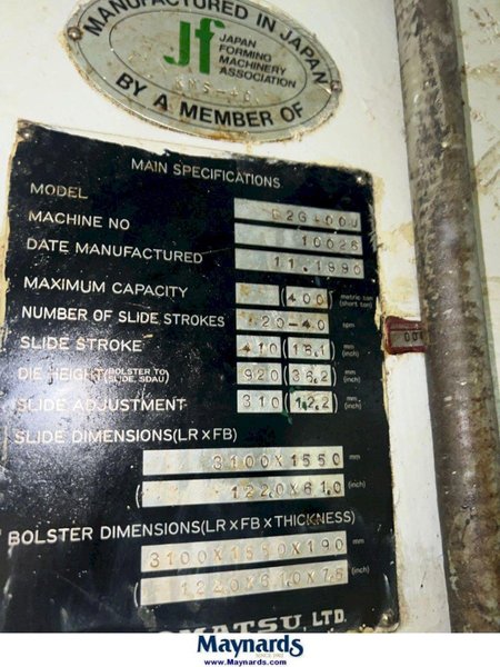 400-ton Komatsu Model# E2G-400 Used Straight Side Mechanical Stamping Press For Sale