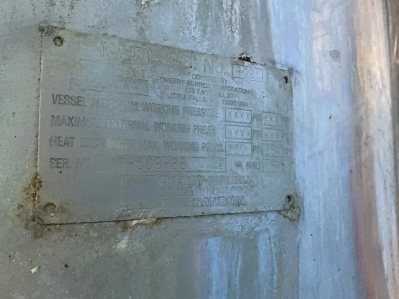 CHERRY-BURRELL CORP. APPROX. 374 GAL / 50” DIAMETER, 44” H STAINLESS STEEL PROCESSING TANK  -  3091
