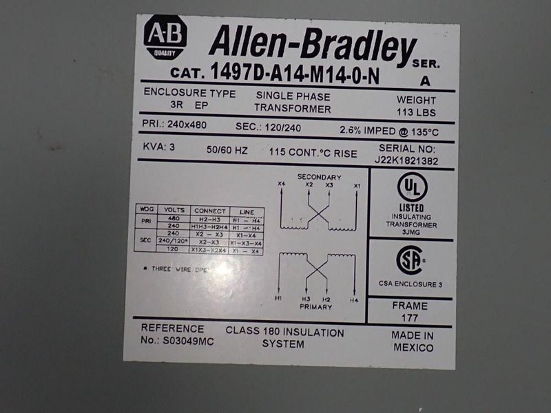 ALLEN BRADLEY 3 KVA TRANSFORMER  -  1497D-A14-M14-0-N