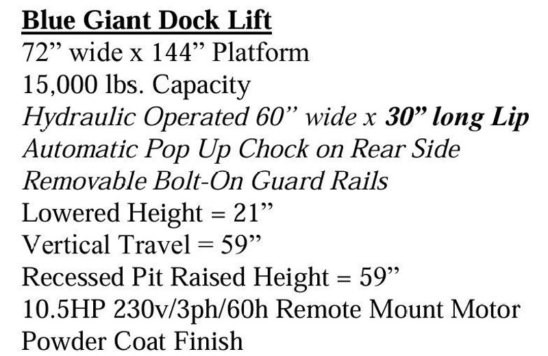 2020 BLUE GIANT 15,000LB DOCK LIFT
