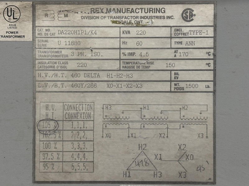 220 KVA REX 460 DELTA &lt;-&gt; 460Y/266 ELECTRICAL 3 PHASE TRANSFORMER: YOBRO #24110