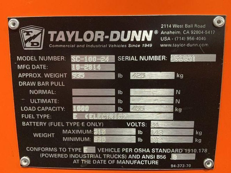 TAYLOR-DUNN 1000 lbs ELECTRIC STOCK CHASER CART  -  SC-100-24