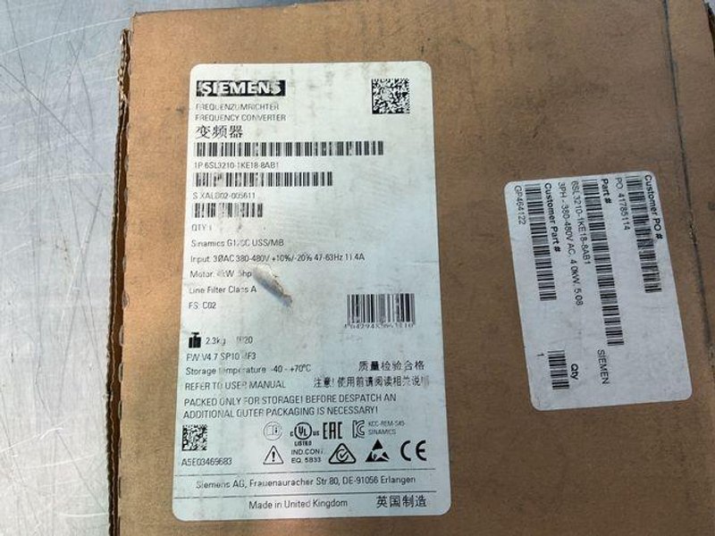 Siemens 4 Kw Variable Frequency Converter - 6sl3210-1ke18-8ab1