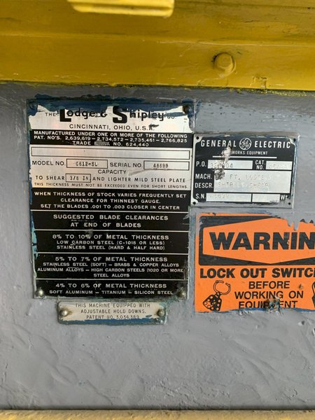 12' X 3/8" LODGE &amp; SHIPLEY 0612-SL MECHANICAL SHEAR. STOCK # 0307817