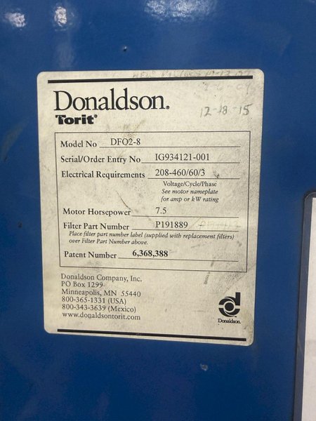 3000 CFM x 7.5 HP TORIT MODEL #DFO2-8 DUST COLLECTOR: YOBRO #26046