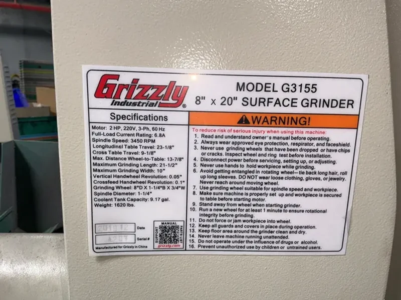 Grizzly 8” X 16” Surface Grinder - G3155
