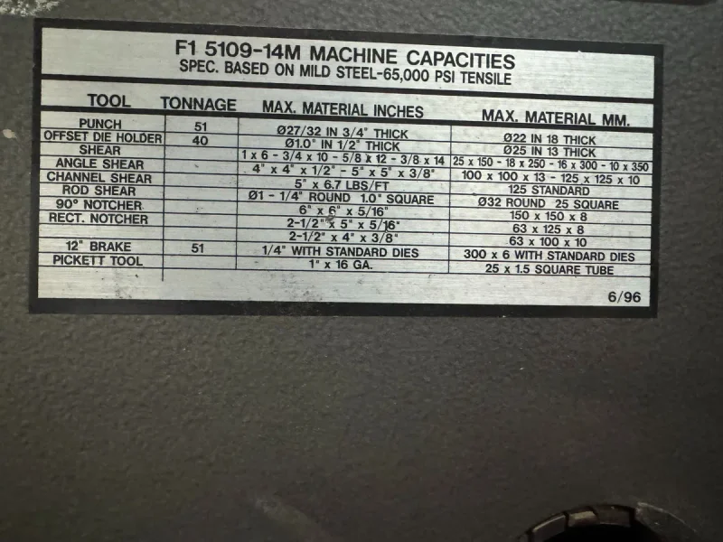 USED SCOTCHMAN 51 TON HYDRAULIC IRONWORKER MODEL FI5109-14M