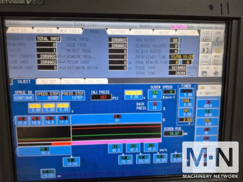 500 TON 63 OZ TOSHIBA MODEL ISGS500V50-27B WIDE PLATEN INJECTION MOLDING MACHINE MFG 2014