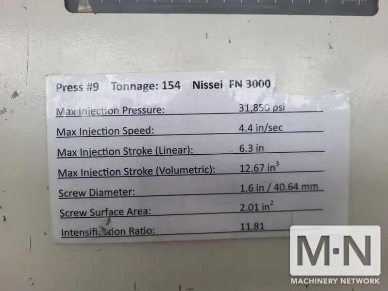 154 TON 7 OZ NISSEI MODEL FN3000-25A INJECTION MOLDING MACHINE MFG 2004