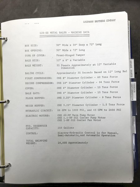 SCRAP METAL BALER MODEL 128-SE LOGEMANN BROTHERS COMPANY