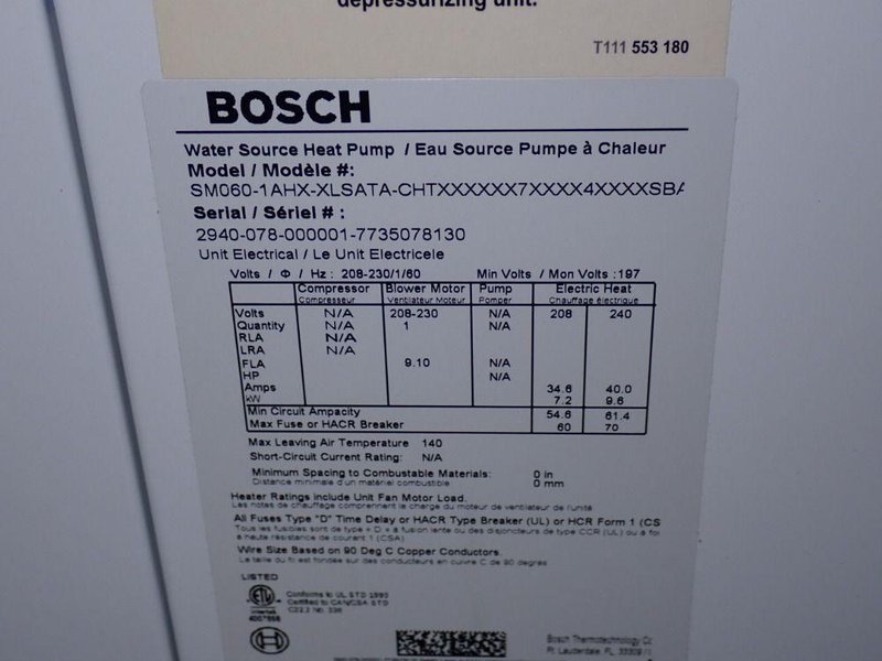 Bosch Water Source Heat Pump - Sm060-1ahx-xlsata-chtx