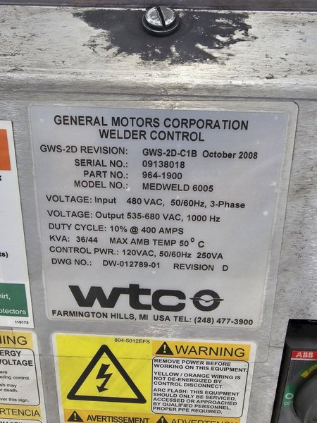 WTC MEDWELD 6005 REV-D PART# 964-1900 WELD CONTROLLER USED