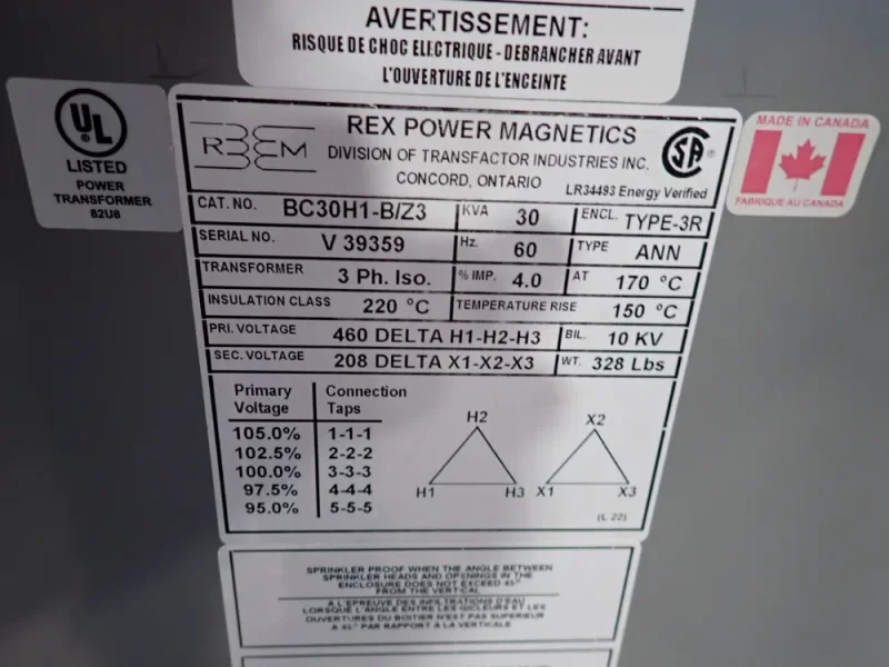 REX 30 KVA TRANSFORMER  -  BC30H1-B/Z3