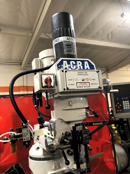 Acra AM-2VAC Vertical Knee Mill, B Vari Speed, Newell DRO, Quill DRO, X, Y Power Feeds, Power Drawbar, R8 Collets, 6&quot; Kurt Vise,