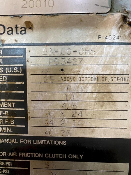 80 ton Niagara Single Crank Gap Mechanical Metal Stamping Press For Sale, Model #BN-80 Bison, Year 1990, Rebuilt 2023