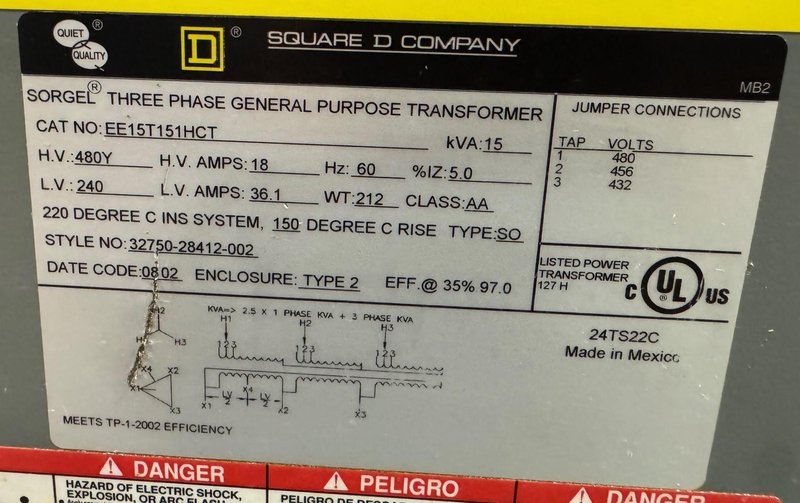 15 KVA Square D Transformer Cat. No. EE15T151HCT, HV 480, LV 240, 3 Phase