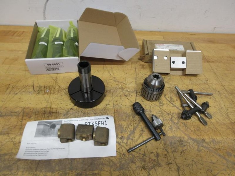 Haas 09-0051 40 Taper Spindle Wiper Set, New Jacobs #14N Keyed Chuck and Keys, Chick 2" Vise Jaws, 5C Emergency Collet, South Bend Lathe Cross Slide Feed Nuts- Auction Item