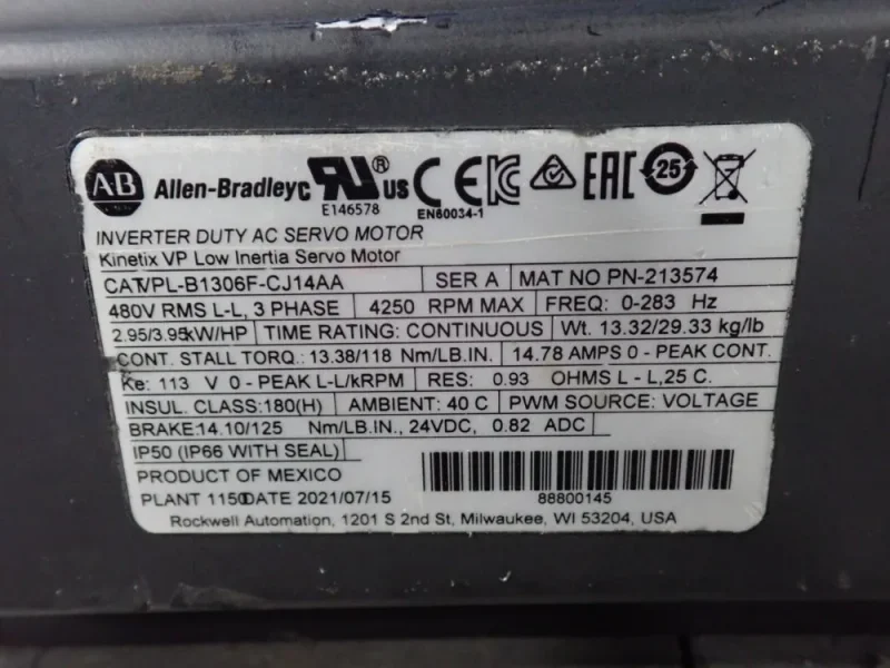 ALLEN-BRADLEY 3.95 HP KINETIX VP LOW INERTIA SERVO MOTOR  -  VPL-B1306F-CJ14AA